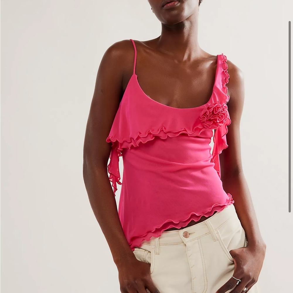 Free People Pink Ruffle Mesh Top large
